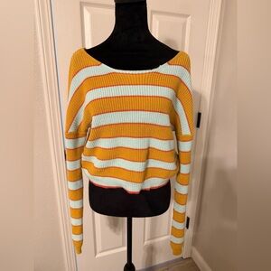 Le Lis Striped Off-the-Shoulder Sweater in Yellow and Mint